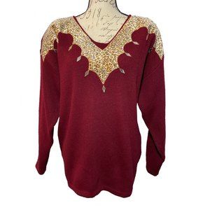 Vintage Burgundy Studded Knit Sweater with Stitched-on Leopard Faux Fur Size 2XL